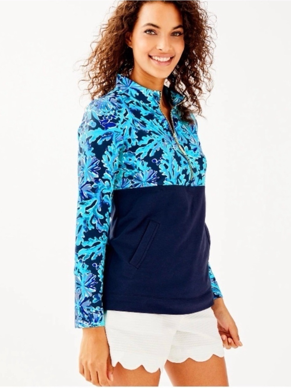 GUC Lilly Pulitzer Navy and Turquoise Floral Half-Zip Popover size Small